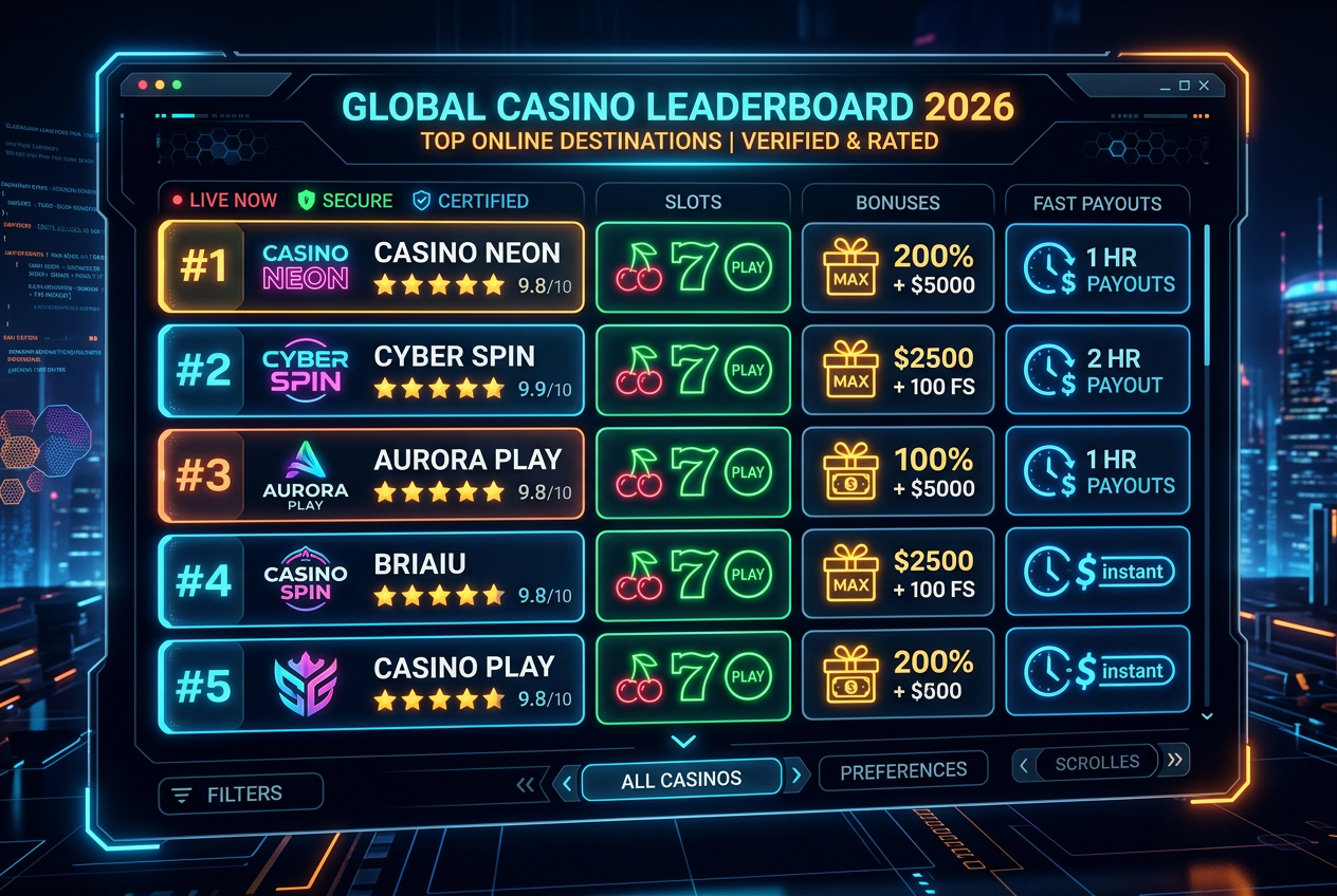 Nowoczesny interfejs graficzny przedstawiający ranking kasyn online 2026