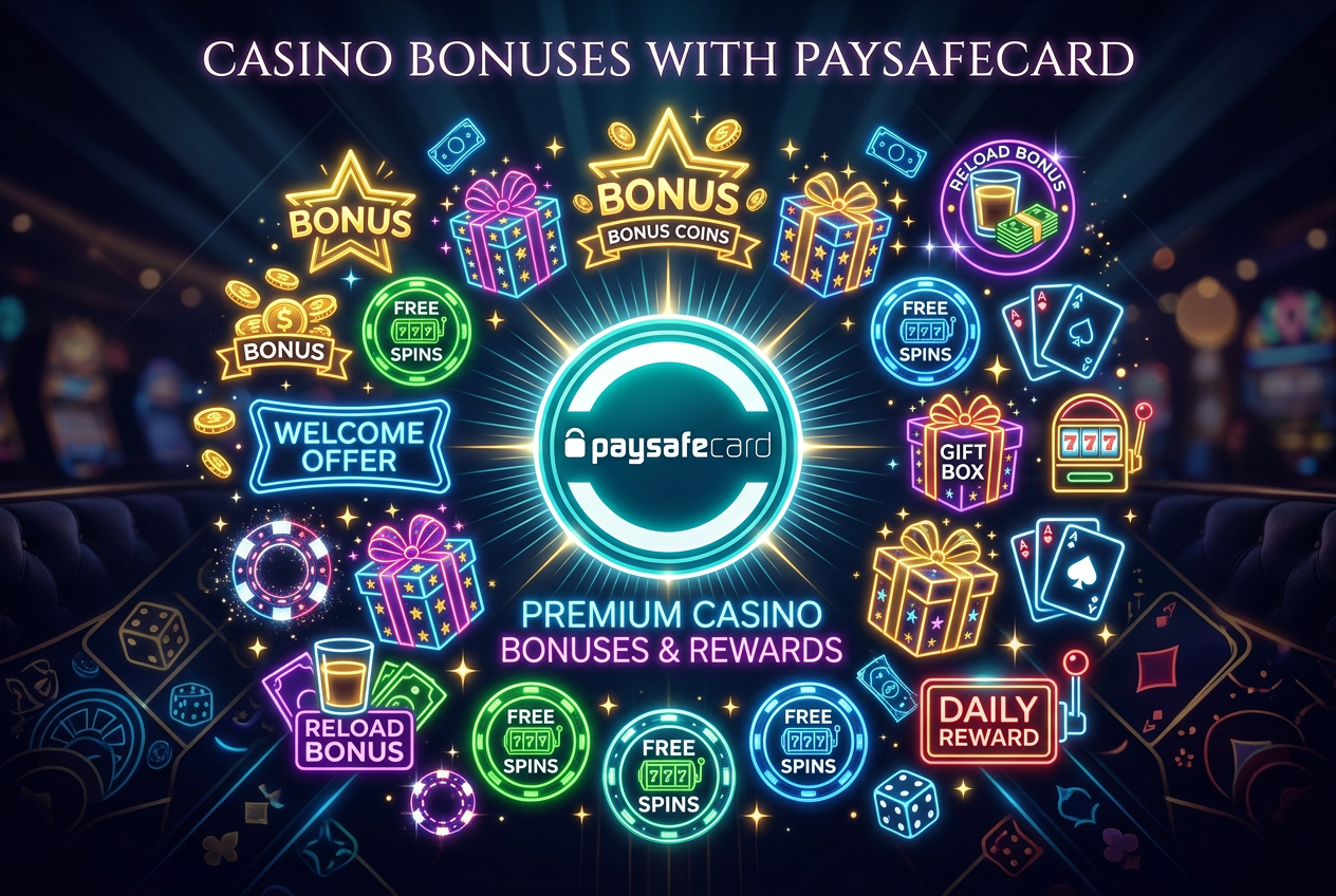 Grafika prezentująca bonusy kasynowe i logo Paysafecard