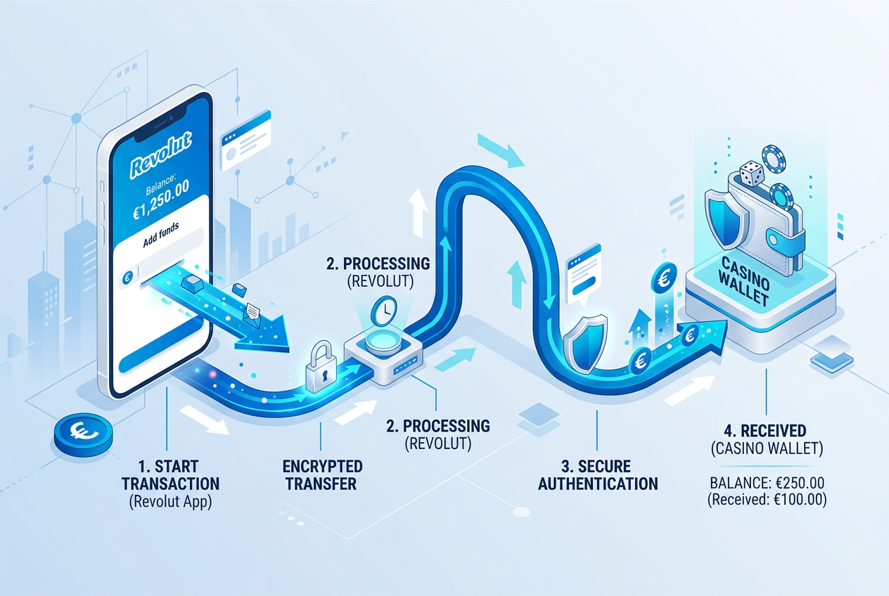 Infografika przedstawiająca przepływ pieniędzy z aplikacji Revolut do portfela w kasynie online